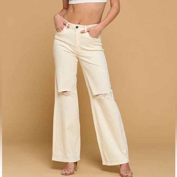 Wide Leg High Waisted Stretchy Women's Jeans - Lover Brand Fashion Ivory Size L - Picture 1 of 9